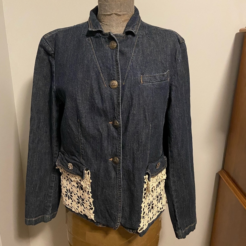 Upcycled One of a Kind dressy jean jacket with an Irish Flare